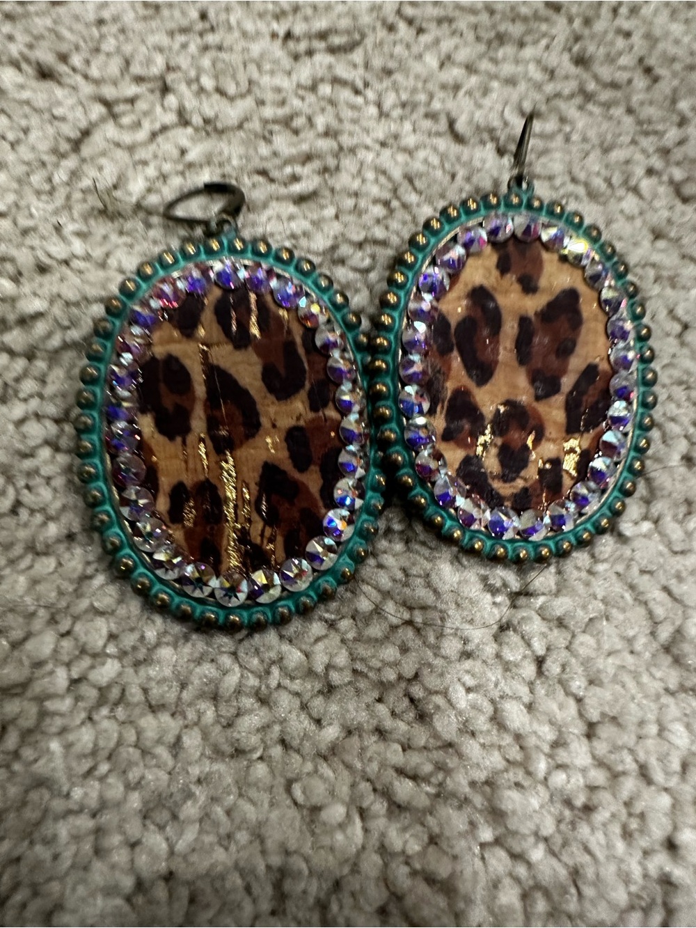 Leopard Print Oval Drop Earrings with Teal Beaded Trim